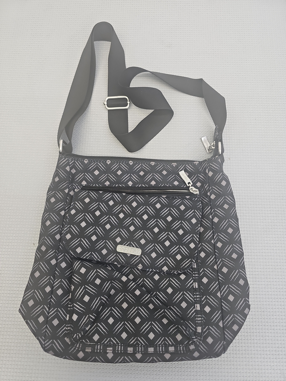 Black Patterned Crossbody Bag with Adjustable Strap